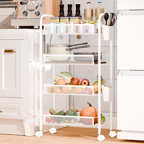 5 Tier Stackable Fruit Vegetable Storage Basket, Metal Mesh Produce Organizer Cart with 360 Degree Swivel Wheels, Rolling Snack Storage Rack, Carbon Steel Pantry Organizer Shelf (White 4-Layers) - color: White 4-layers