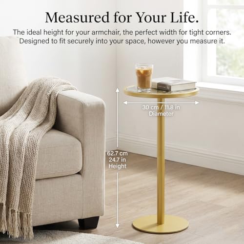 Gold Drink Table, Indoor Outdoor Small Round Side Table with Tempered Glass Top & Scroll Design, 24.7" Metal Pedestal End Table for Living Room, Patio, Small Spaces, Weather Resistant - color: Gold