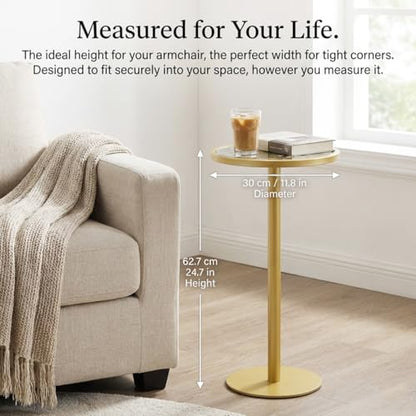 Gold Drink Table, Indoor Outdoor Small Round Side Table with Tempered Glass Top & Scroll Design, 24.7" Metal Pedestal End Table for Living Room, Patio, Small Spaces, Weather Resistant - color: Gold