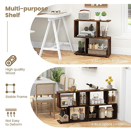 Tangkula 2 Tier Geometric Bookshelf, Freestanding Wood Display Shelf, Home Office Room Divider S Shaped Open Bookcase, Small Bookshelf for Small Spaces, Living Room, Study (Coffee, 1) - color: Coffee, size: 1