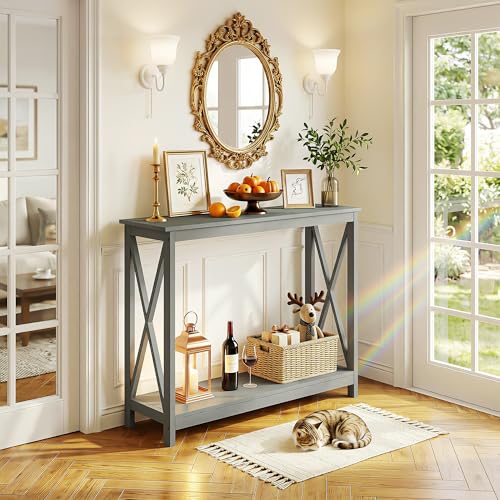 ZENY Console Table, Entryway Table, Narrow Sofa Table with 2-Tier Shelves, Entrance Table for Living Room, Entryway, Hallway, Foyer (Grey) - color: Grey, size: 39.4"W