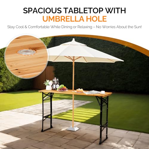 VINGLI 67 Inch Wooden Folding Picnic Table, Picnic Beer Table with Umbrella Hole, Adjustable Heights (29.5" Sitting & 41.5" Standing) – Perfect for Picnics, BBQs, Parties, Bars, and Camping