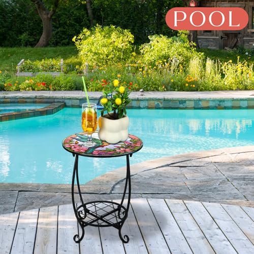 Cinnvoice Outdoor Side Table Round Small Mosaic Patio Accent Indoor End Plant Coffee Tea Table for Yard Patio Porch Garden Living Room, Bedroom(Hummingbird Style,14 Inch) - size: 14 Inch, style: Hummingbird Style