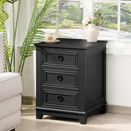 Joaxswe 18" Farmhouse Night Stand with 3 Drawers, Wood End Table Dresser for Bedroom, Black Nightstand, Bed Side Table with Metal Handle, Bedside Cabinet for Bedroom Living Room, Closet - color: Black Set 1, size: 3 Drawers