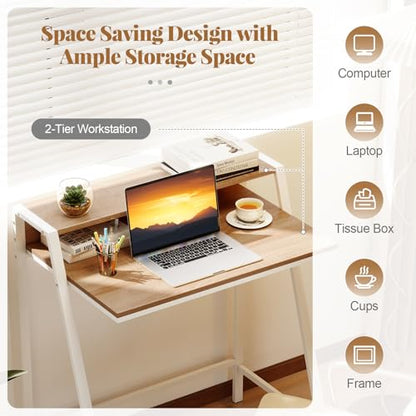 Giantex Small Computer Desk, 31.5" Compact Home Office Desk with Monitor Stand & Sturdy Frame, 2-Tier Space-Saving Study Writing Desk for Small Spaces, Apartment and Bedroom (Natural) - color: Natural