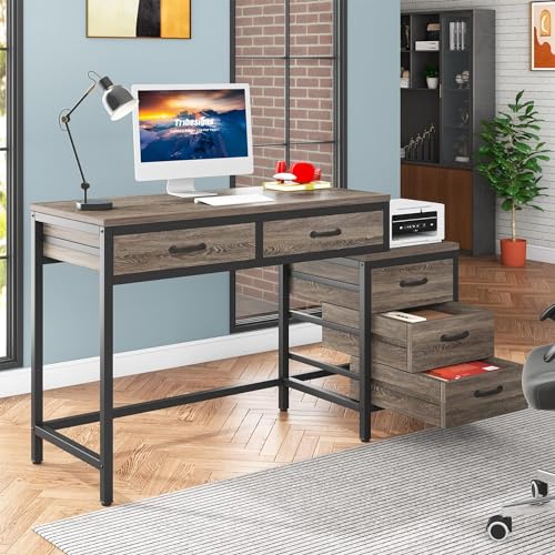 Tribesigns Computer Desk with 5 Drawers, Home Office Desks with Reversible Drawer Cabinet Printer Stand, Industrial PC Desk with Storage, Grey Study Writing Table Workstation for Small Spaces - color: Grey