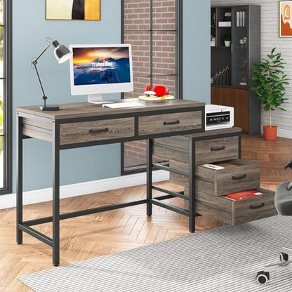 Tribesigns Computer Desk with 5 Drawers, Home Office Desks with Reversible Drawer Cabinet Printer Stand, Industrial PC Desk with Storage, Grey Study Writing Table Workstation for Small Spaces - color: Grey