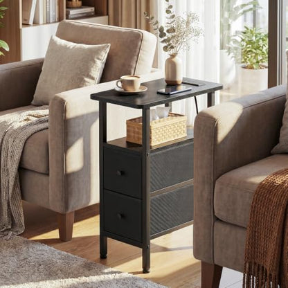 LOAKEKEL Narrow End Table with Charging Station, Side Tables Living Room | End Tables Living Room Set of 2, Skinny Nightstand with Fabric Drawers for Bedroom, Small Spaces, Black - color: Black, style: Power