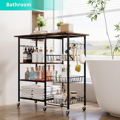 HapiRm Rolling Kitchen Microwave Cart - 4 Tier Microwave Table Stand with Pull-Out Baskets, Coffee Bar Baker's Rack with Wheels Rolling Storage Cart Organizer Shelf for Living Room Office, Balcony - color: Brown-xl