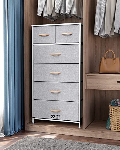 Crestlive Products Vertical Dresser Storage Tower - Sturdy Steel Frame, Wood Top, Easy Pull Fabric Bins, Wood Handles - Organizer Unit for Bedroom, Hallway, Entryway, Closets - 6 Drawers (Light Grey) - color: Light Gray, style: 6 Drawers