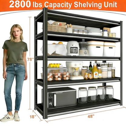 Metal Storage Garage Shelving - 5 Tier 48'' Wide 2800 Lbs Heavy Duty Utility Shelves Freestanding - Adjustable Rack Units for Kitchen Pantry Basement - 48" W x 18" D x 78" H Black - size: 48"Wx18"D-5T