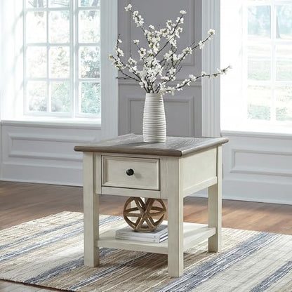 Signature Design by Ashley Bolanburg End Table for Living Room, Two-Tone Distressed Wood Side Table with Smooth-Gliding Drawer, Farmhouse Plank-Style Top, Ideal Night Stand Use, Antique White/Oak - color: Whitewash