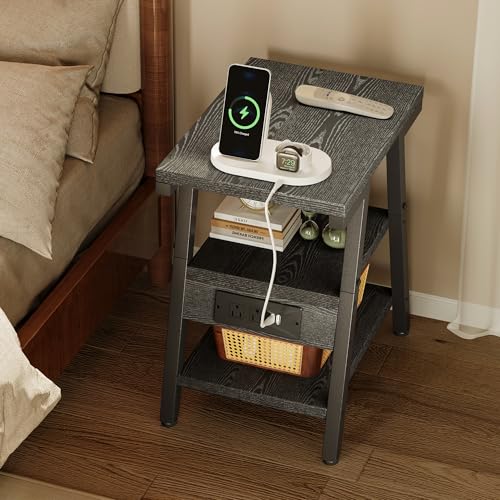 Side Table with Charging Station,3-Tier Small End Table,Lucky 7 Metal Shape | 2 AC Outlets + 2 USB Ports, Adjustable Feet, Nightstand for Bedroom, Living Room, Couch, Narrow Spaces, Grey - color: Grey