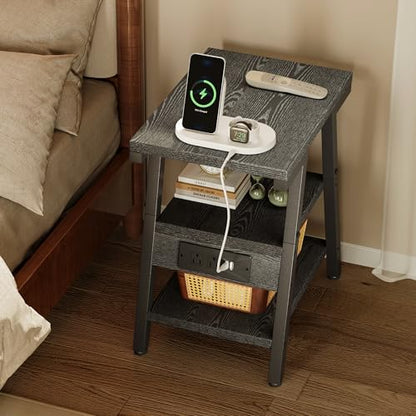 Side Table with Charging Station,3-Tier Small End Table,Lucky 7 Metal Shape | 2 AC Outlets + 2 USB Ports, Adjustable Feet, Nightstand for Bedroom, Living Room, Couch, Narrow Spaces, Grey - color: Grey