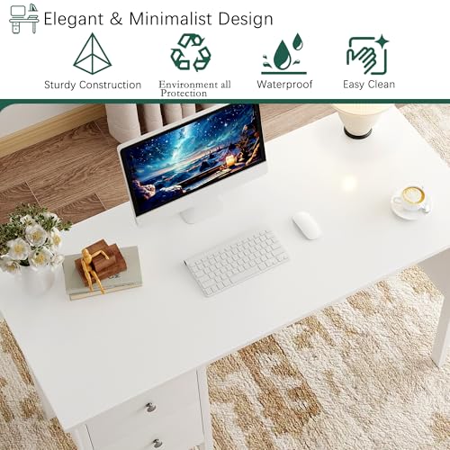 BHG Computer Desk with Drawers,Modern White Home Office Desk with Storage Filing Cabinet, Vanity Desk Makeup Dressing Table for Bedroom,Small Writing Table PC Desks for Study(White, 43.3") - color: White