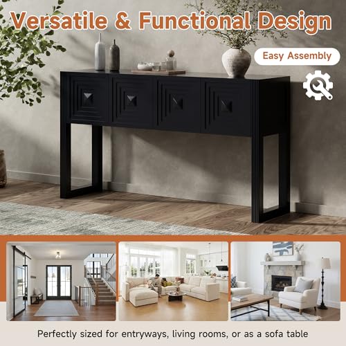 LKTART 55" Carved Console Table with 3 Soft-Close Drawers, Entryway Sofa Table with Fluted Leg,Solid Wood Accent Table for Living Room Hallway,Black - color: Black