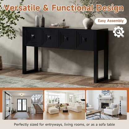 LKTART 55" Carved Console Table with 3 Soft-Close Drawers, Entryway Sofa Table with Fluted Leg,Solid Wood Accent Table for Living Room Hallway,Black - color: Black