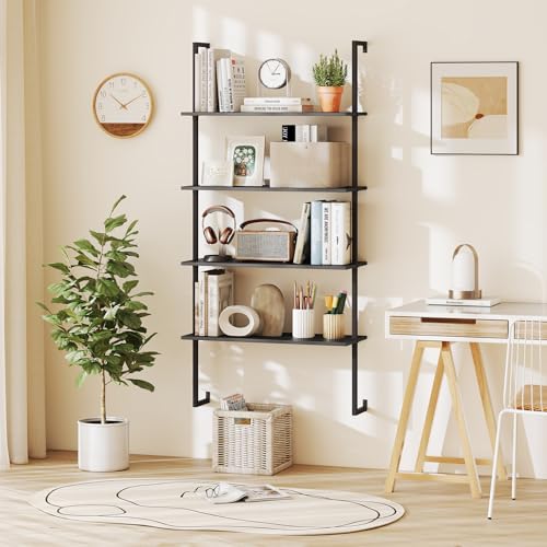 Tangkula 4-Tier Wall-Mounted Bookshelf, Industrial Modern Floating Storage Display Shelves with Metal Frame, Wall-Mounted Ladder Wooden Bookcase for Living Room, Kitchen, Bar, Office (1, Black) - color: Black