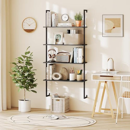 Tangkula 4-Tier Wall-Mounted Bookshelf, Industrial Modern Floating Storage Display Shelves with Metal Frame, Wall-Mounted Ladder Wooden Bookcase for Living Room, Kitchen, Bar, Office (1, Black) - color: Black