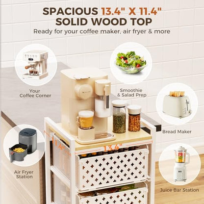 5 Tier Kitchen Storage Cart with Wheels, Utility Fruit Vegetable Storage Rack Stand with Pull-Out Baskets & Wood Top, Metal 4-Drawers Rolling Snack Cart, Kitchen Cart for Potato Onion(White) - color: White