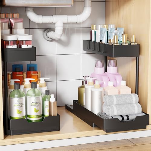 Simple Trending Under Sink Organizer 2 Pack, 2 Tier Cabinet Organizer with Sliding Basket, Multi-Purpose Sink Storage Basket with 4 Hooks for Kitchen Bathroom, Black - size: 2 pack