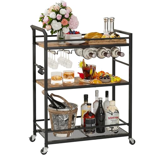 3 Tier Bar Cart, Small Beverage Cart, Mini Bar Cart with Wine Rack, Home Bar Serving Cart with Wheels for Kitchen Dining Living Room (Rustic Brown, General) GBC507R - color: Rustic Brown, size: General