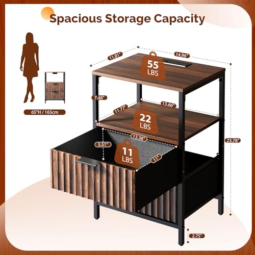 VINGLI Nightstands Set of 2 with Fabric Drawers, Walnut Nightstand with Charging Station, Night Stands Fluted Bedside Tables/End Tables with Charger Station, Side Table Bedroom, Small Night Stand - color: Walnut, size: 15"W-2 Drawer 1 Shelf