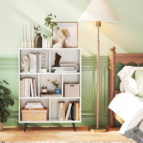 Tangkula 7-Cube Bookcase, Modern Storage Bookshelf with 4 Tapered Metal Legs & 2 Anti-Tip Kit, Freestanding Display Rack for Living Room, Study Room (White, 7-Cube) - size: Standard 7-Cube