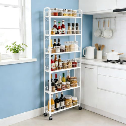 Slim Rolling Storage Cart with Wheels, 6in 6 Tier White | Narrow Space Shelving Unit, Metal Wire Mobile Organizer Rack for Kitchen Bathroom Office Laundry - size: 6in White Cart