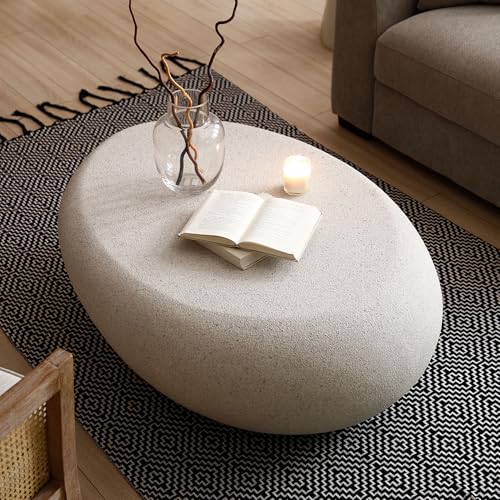 43.3" Faux Stone Coffee Table Modern Unique Coffee Table Oval Center Tables Round Edge Design Fiberglass Oval Accent Tables for Living Room Office Apartment No Assembly, Cream White - color: Fiberglass Oval-cream White
