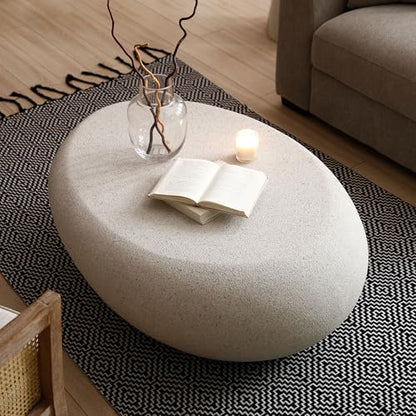 43.3" Faux Stone Coffee Table Modern Unique Coffee Table Oval Center Tables Round Edge Design Fiberglass Oval Accent Tables for Living Room Office Apartment No Assembly, Cream White - color: Fiberglass Oval-cream White