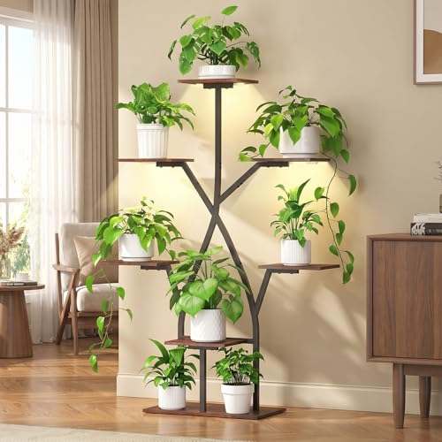 Plant Stand Indoor with Grow Lights 50" Plant Shelf Corner Lighted Plant Stands for Indoor Growing Multiple Metal 7 Tiered Large S-Shape Display Shelves Plant Rack for Home Decor Patio Balcony - color: Black-50"