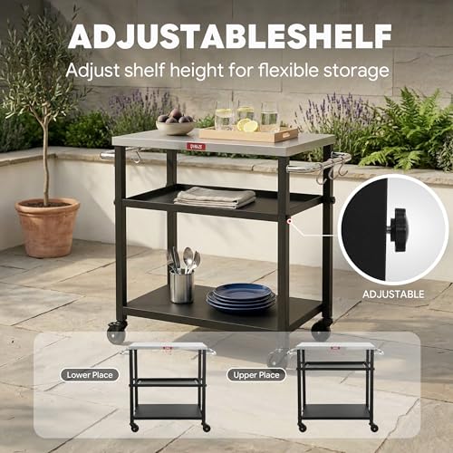 Feasto 3-Tier Outdoor Grill Cart, 26.6" x 16.1" Rolling Pizza Oven Table | Compact Stainless Top for Pizza Ovens & Griddles, Outdoor Bar Cart with S-Hooks for Patio Parties, Deck Dining & Camping - size: Compact