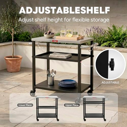 Feasto 3-Tier Outdoor Grill Cart, 26.6" x 16.1" Rolling Pizza Oven Table | Compact Stainless Top for Pizza Ovens & Griddles, Outdoor Bar Cart with S-Hooks for Patio Parties, Deck Dining & Camping - size: Compact