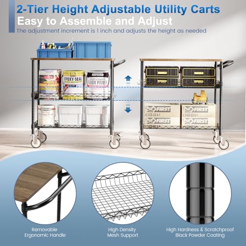 Rolling Kitchen Carts with Wheels, 3-Tier Utility Cart with Wood Tabletop | NSF Commercial Metal Serving Cart with Handle and Shelf Liner for Kitchen Snacks,34"D x 17.5"W x 32.5"H,Black - color: Wood-black