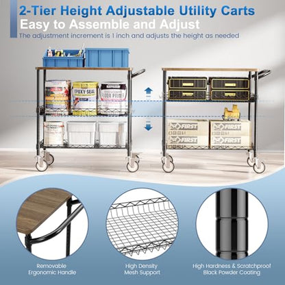 Rolling Kitchen Carts with Wheels, 3-Tier Utility Cart with Wood Tabletop | NSF Commercial Metal Serving Cart with Handle and Shelf Liner for Kitchen Snacks,34"D x 17.5"W x 32.5"H,Black - color: Wood-black