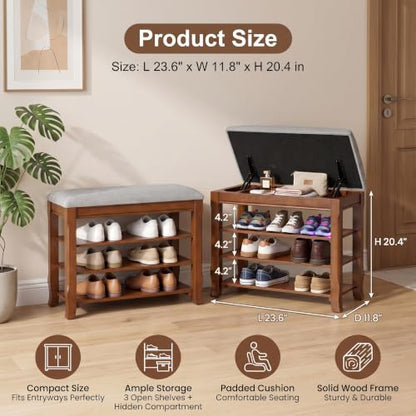 Solid Wood Shoe Bench with Storage, Flip-Top Soft-Close Lid, Adjustable Shelves, Cushioned Entryway Shoe Rack Organizer, 23.6" - size: 23.6"