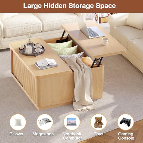 Itaar 39.4'' Lift Top Coffee Table with Storage, Fluted Coffee Tables for Living Room, Square Coffee Table with Large Hidden Compartment & 2 Drawrs & Adjustables Shelves, Oak - color: Oak