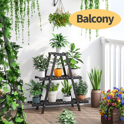 Bamboo Plant Stand Indoor/Outdoor, 3-Tier, Black, Rectangular, 8 Potted Flower Holder Ladder Plant Rack - color: Black