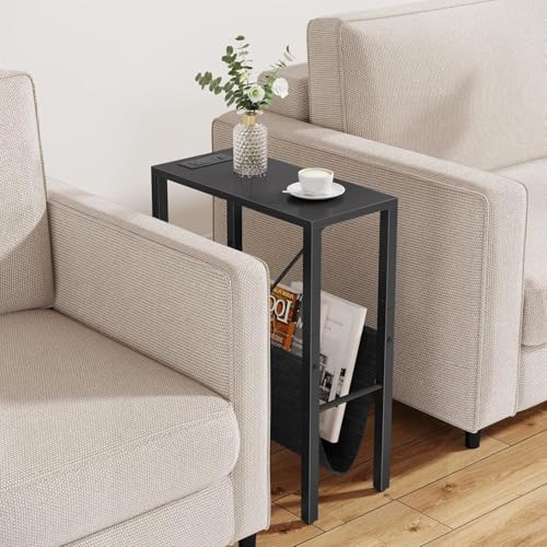 Narrow End Table with Charging Station, Narrow Nightstand with USB Ports & Outlet, Slim Sofa Side Table, Black End Table, Small Side Table for Small Spaces, Living Room, Bedroom, Black - color: Black