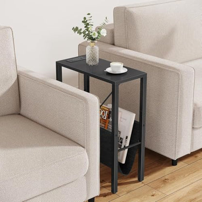 Narrow End Table with Charging Station, Narrow Nightstand with USB Ports & Outlet, Slim Sofa Side Table, Black End Table, Small Side Table for Small Spaces, Living Room, Bedroom, Black - color: Black