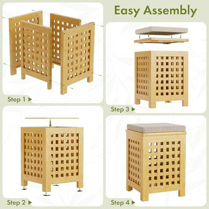Bamboo End Table with Removable Cushion and Hidden Storage, 2-in-1 Ottoman Side Table with Breathable Grid Design for Small Space, Living Room, Bedroom, Balcony, Entryway