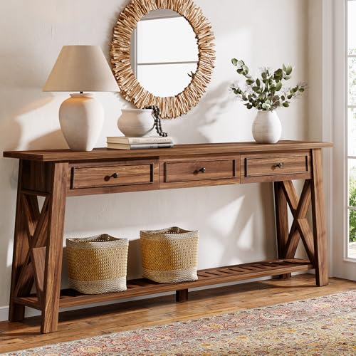 Tribesigns Console Table with 3 Storage Drawers, 70.87 Inches Extra Long Sofa Table Behind Couch with Bottom Shelf, Farmhouse Wooden Entryway Hallway Foyer Table for Living Room, Entrance (Walnut) - color: Walnut