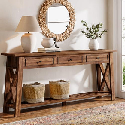 Tribesigns Console Table with 3 Storage Drawers, 70.87 Inches Extra Long Sofa Table Behind Couch with Bottom Shelf, Farmhouse Wooden Entryway Hallway Foyer Table for Living Room, Entrance (Walnut) - color: Walnut