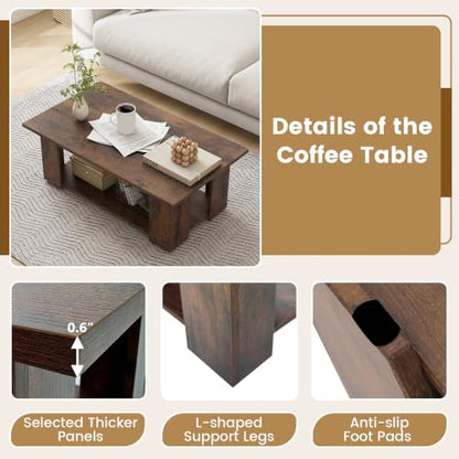 POWERSTONE 41 Inch 2-Tier Coffee Table with Storage Shelf, Wood Farmhouse Center Table with L Legs & Extra Bottom Support for Living Room, Rustic Brown - color: Rustic Brown