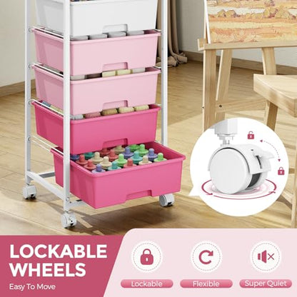 Rolling Storage Cart with 6 Drawers and Wooden Tabletop, Lockable Wheels Utility Cart for Art Studios, Office Supplies & Craft Room Organization (Pink) - color: Pink