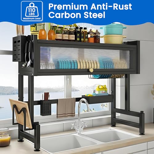ASIEIT Dish Drying Rack, 3-Tier Over The Sink Dish Drying Rack, 33.5" Over Sink Dish Rack for Small Kitchen, Space-Saving Dish Rack with Cover, Baskets, Utensil, Large Sink Storage Organizer Black