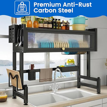 ASIEIT Dish Drying Rack, 3-Tier Over The Sink Dish Drying Rack, 33.5" Over Sink Dish Rack for Small Kitchen, Space-Saving Dish Rack with Cover, Baskets, Utensil, Large Sink Storage Organizer Black