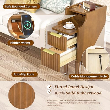 Fluted Narrow Nightstand with Charging Station, Solid Wood Night Stand with 2 Drawers, Walnut Mid Century Modern Led Nightstand, Small Beside Table with Open Storage Shelf for Bedroom （10 inch） - color: Walnut