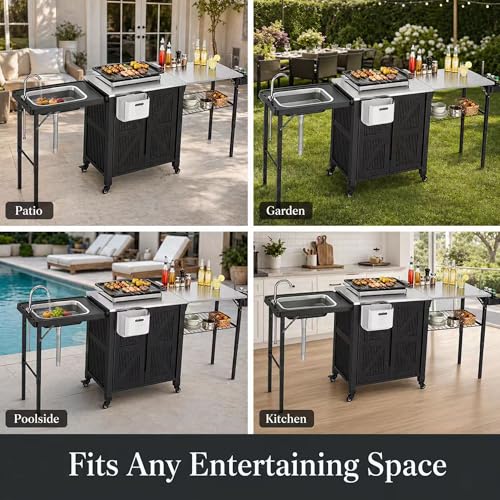 Outdoor Grill Cart with Storage Cabinet, 3-in-1 Movable Kitchen Island Cart, Outdoor Grill Cooking Station with Stainless Steel Countertop&Rolling Wheels&Folding Side Tables for Backyard Patio